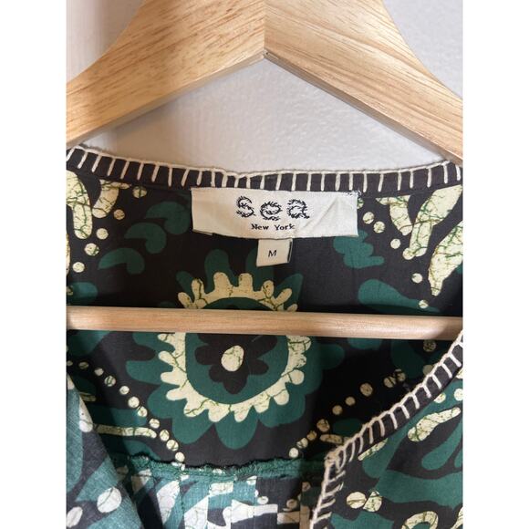 NEW Sea New York Charlough Cotton Split Neck Flutter Sleeves Top in Green/Black - Picture 4 of 7